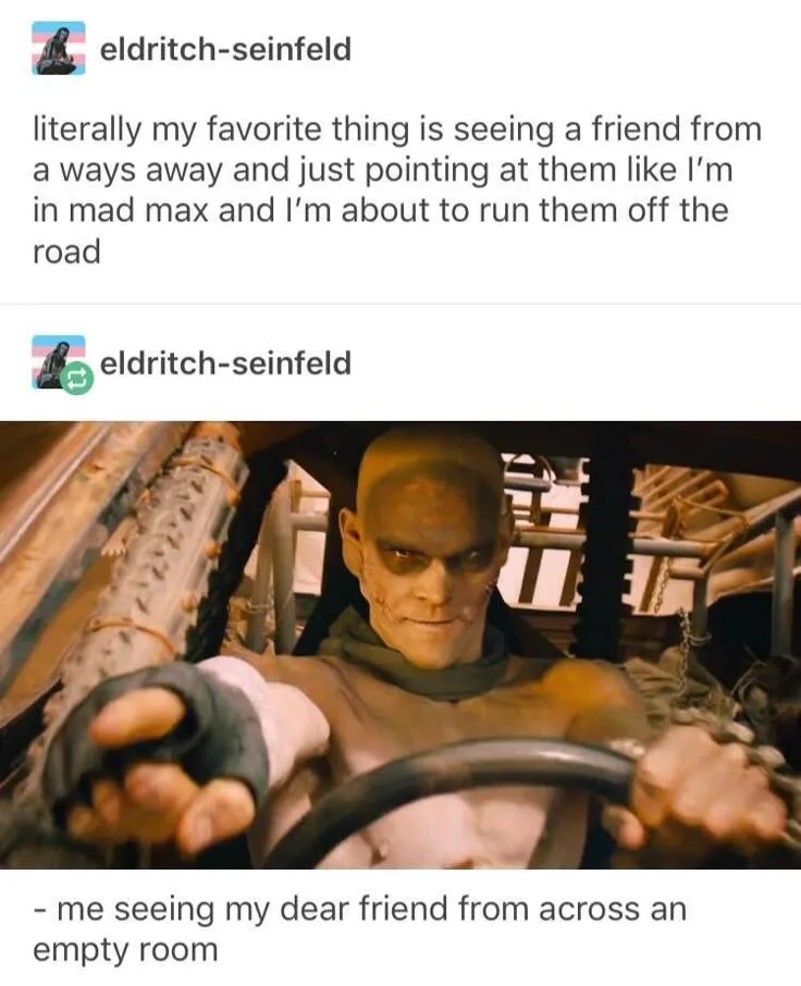 A screenshot from the movie Mad Max shows a bald, grim-faced man in a post-apocalyptic vehicle, gripping the steering wheel…
