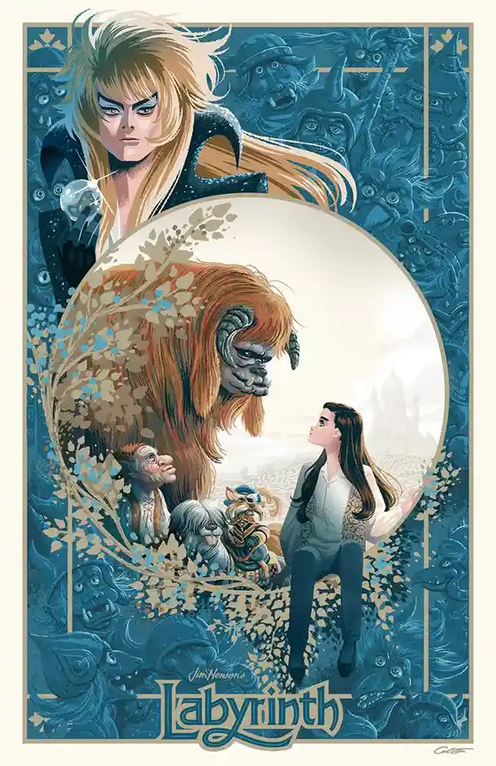 A stylized poster art for Jim Henson's Labyrinth, featuring a blonde woman with dark makeup at the top, a large circular…