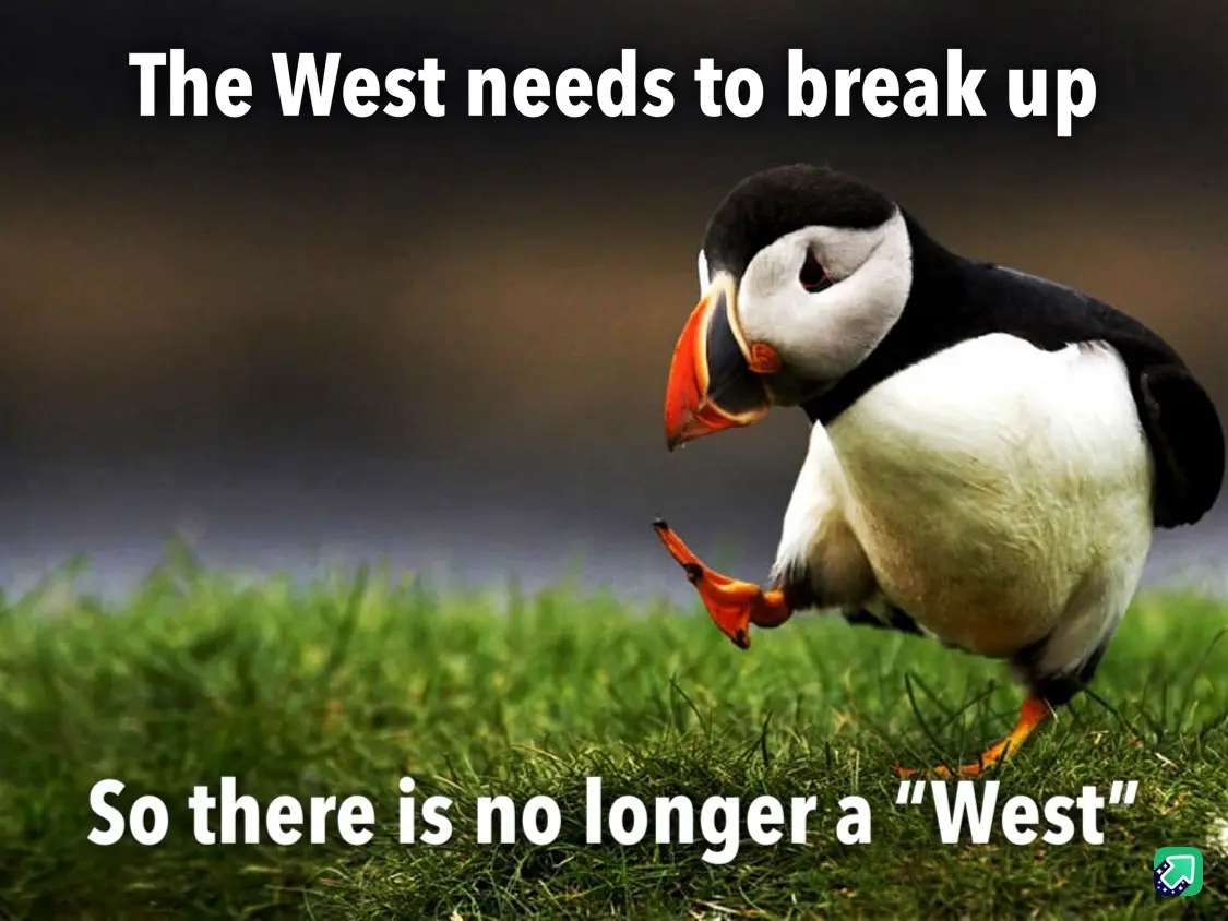 A photograph of a puffin standing on green grass, looking down with one foot lifted as if in a moment of realization or…