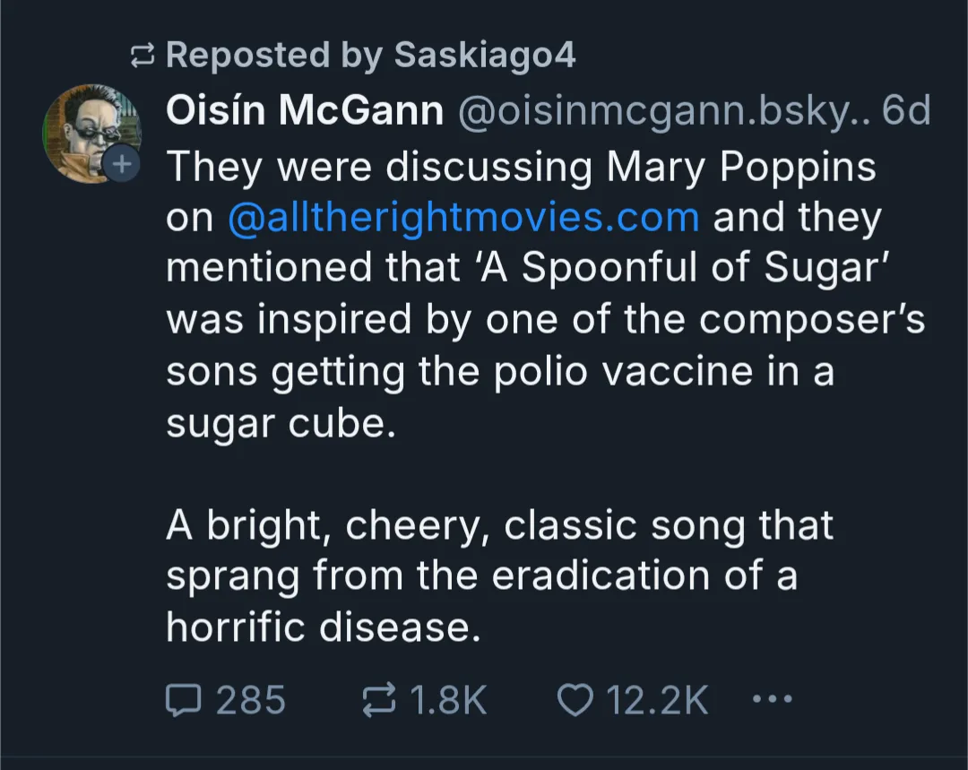 A screenshot of a social media post by Oisín McGann detailing how the song 'A Spoonful of Sugar' from Mary Poppins was…