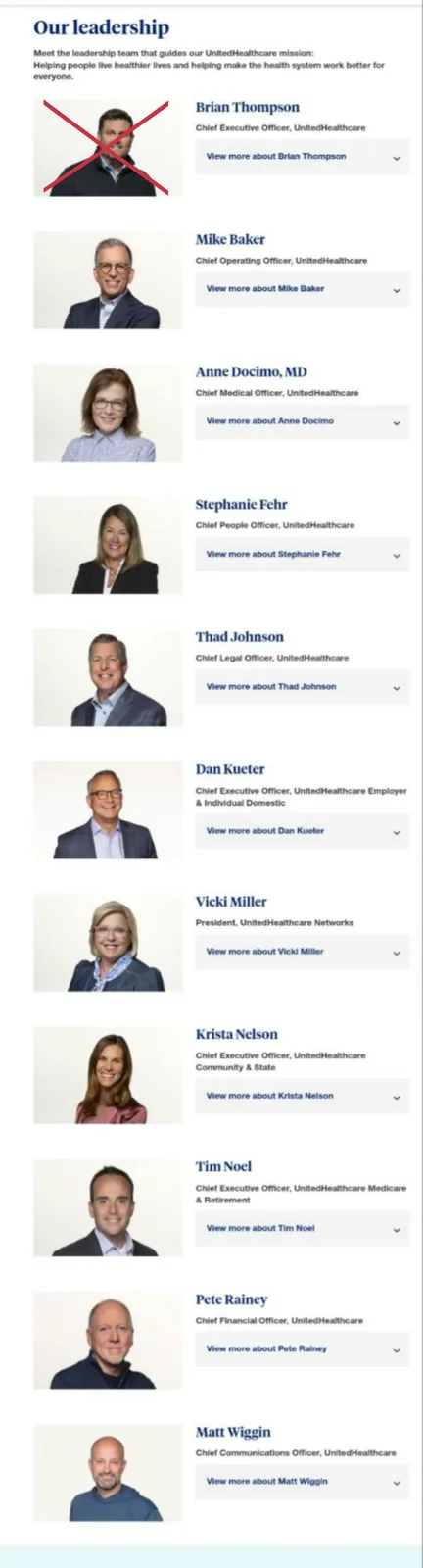 A screenshot of UnitedHealthcare's leadership page shows a red 'X' drawn over Brian Thompson's photo, the CEO, while other…