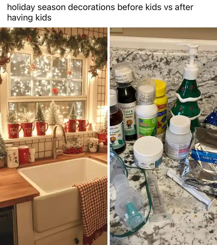 The image is split into two panels. The left panel shows a cozy, festive kitchen window with a garland, string lights, and…