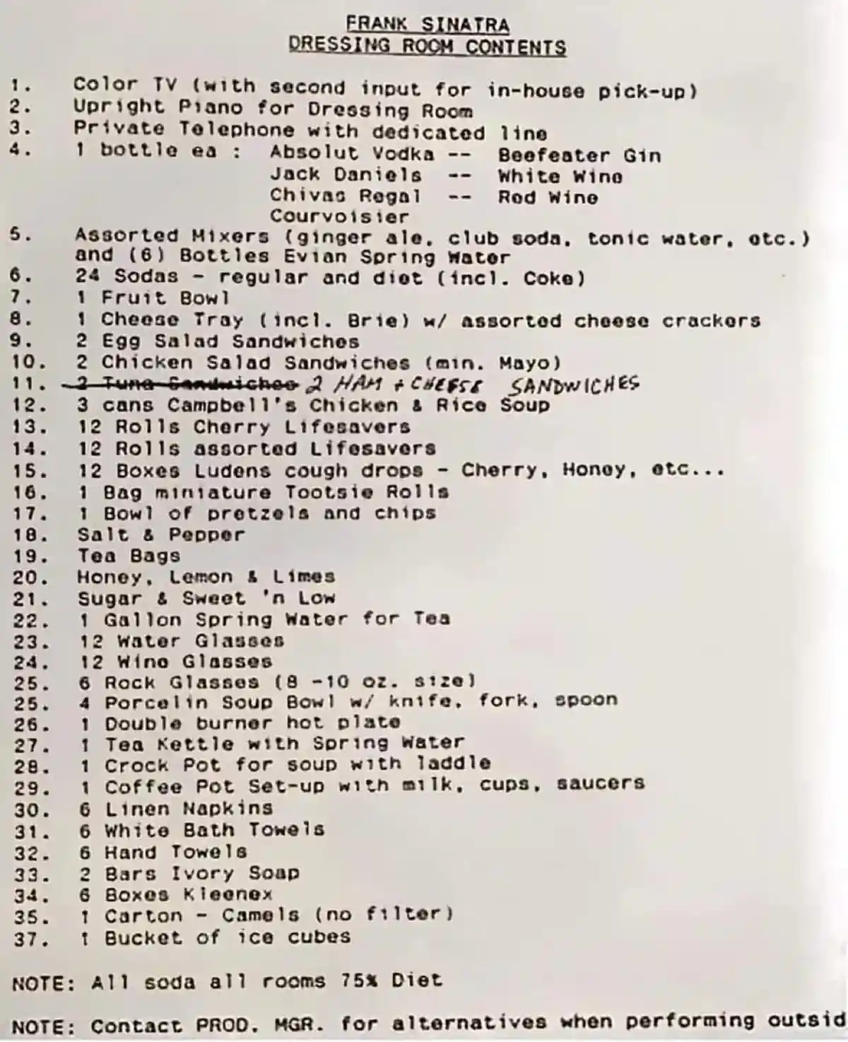 A typed list titled 'FRANK SINATRA DRESSING ROOM CONTENTS' details items like a color TV, piano, liquor, snacks, and…
