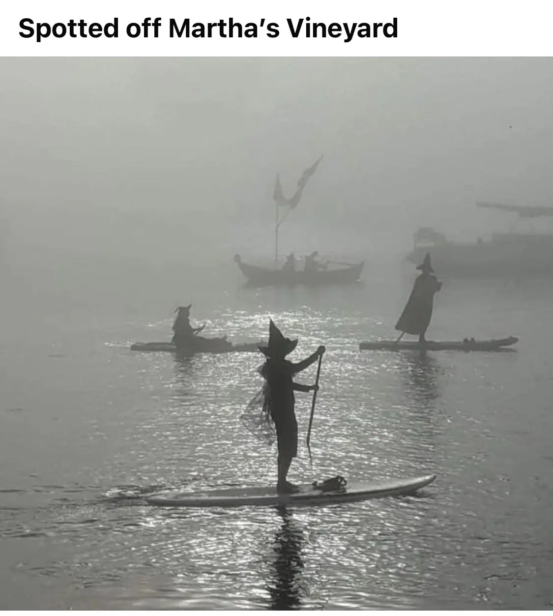 A black-and-white photo shows three silhouetted figures on paddleboards in foggy water, each wearing a pointed witch hat and…