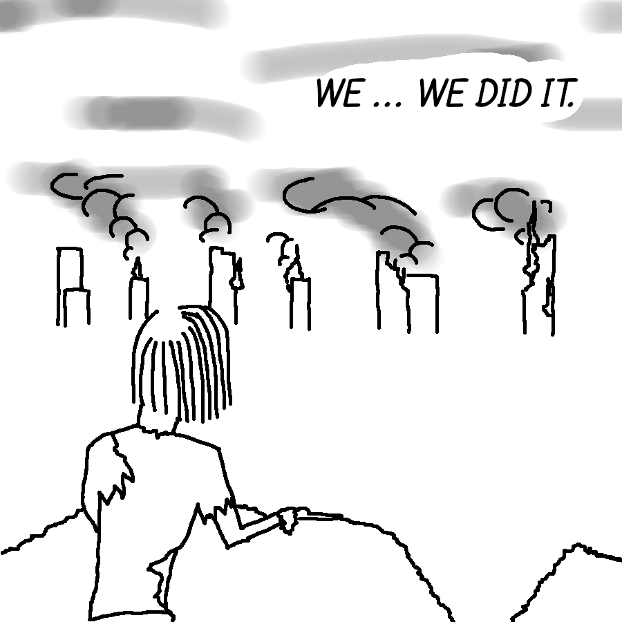 A simple black-and-white line drawing shows a person from behind, standing on a cliff edge and looking out at a row of tall…