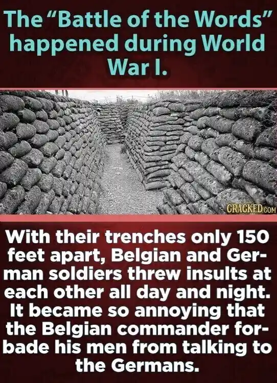 A black-and-white photo shows two rows of sandbagged trenches facing each other, separated by a narrow dirt path. Overlaid…