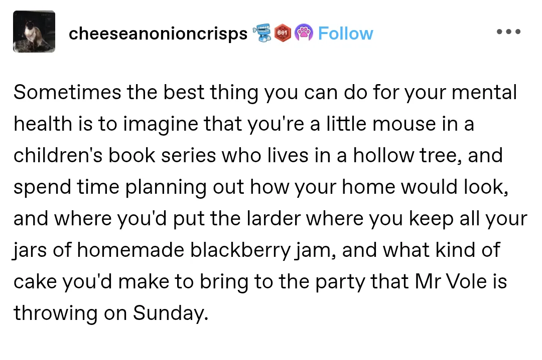 The image shows a screenshot of a social media post by 'cheeseanonioncrisps' with a block of text describing a whimsical…