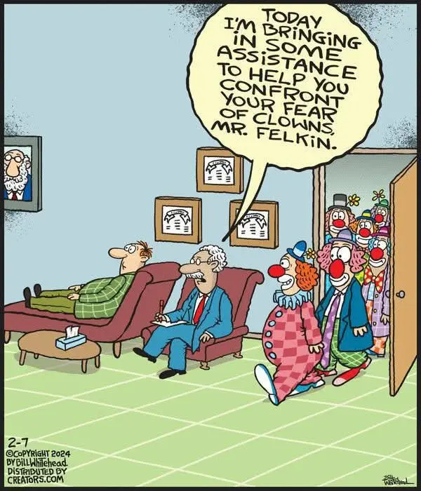 A cartoon depicts a man in a green plaid shirt lying on a red couch in a therapist's office, while the therapist, an older…