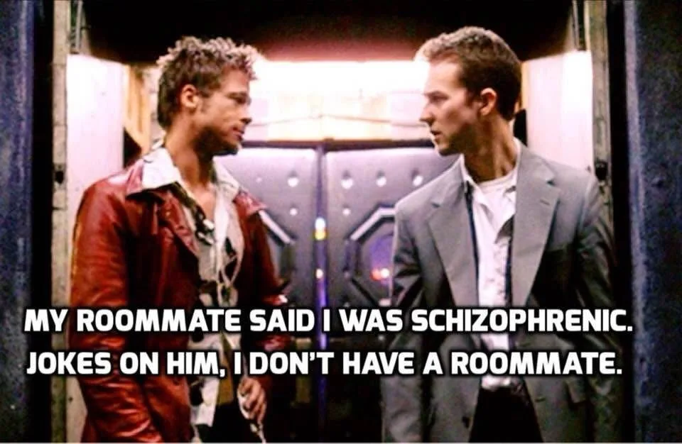 Two men stand facing each other in a doorway, one in a red leather jacket and the other in a gray suit. White bold text…