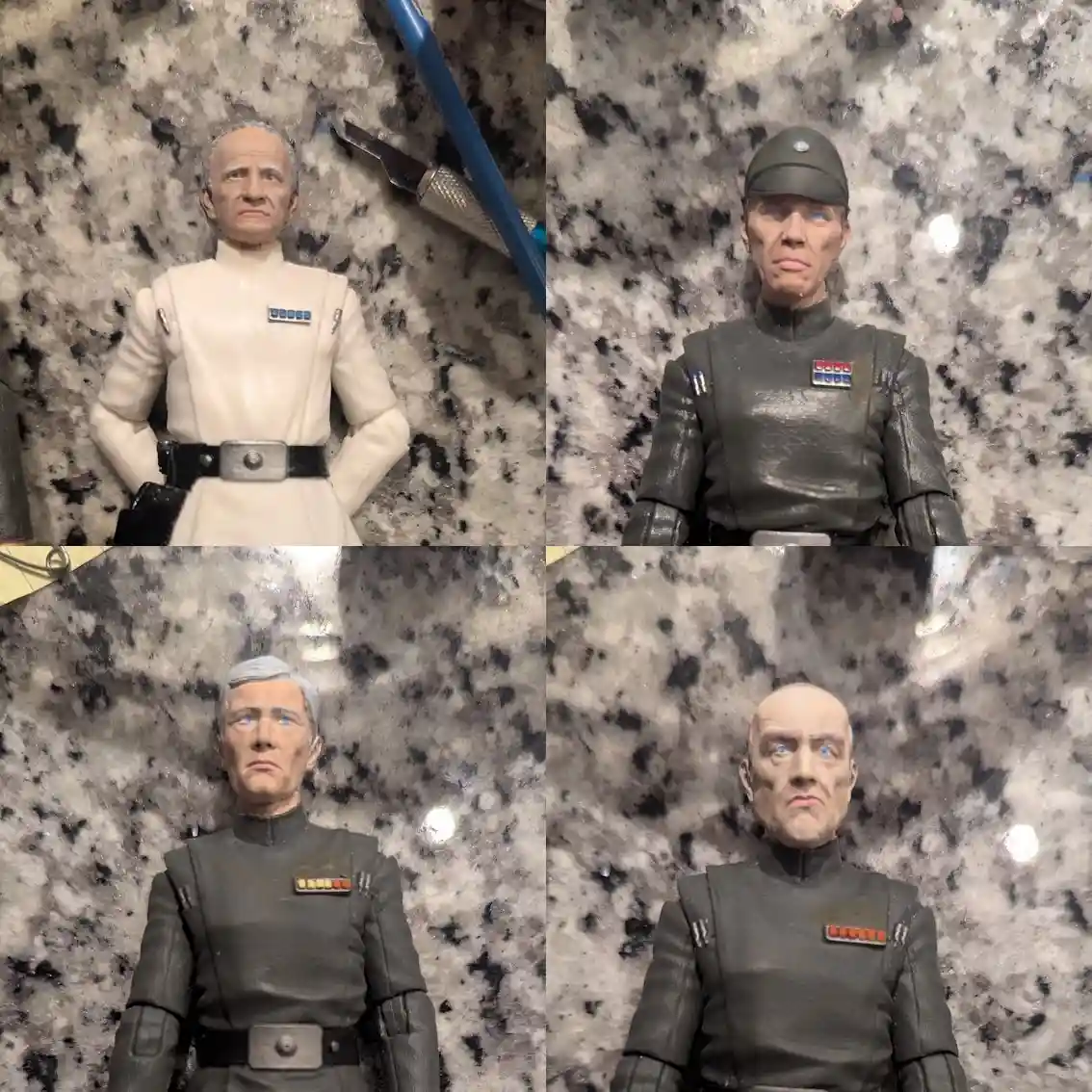 Four-panel image shows a Star Wars action figure of Grand Admiral Thrawn in four stages: original white uniform, then three…