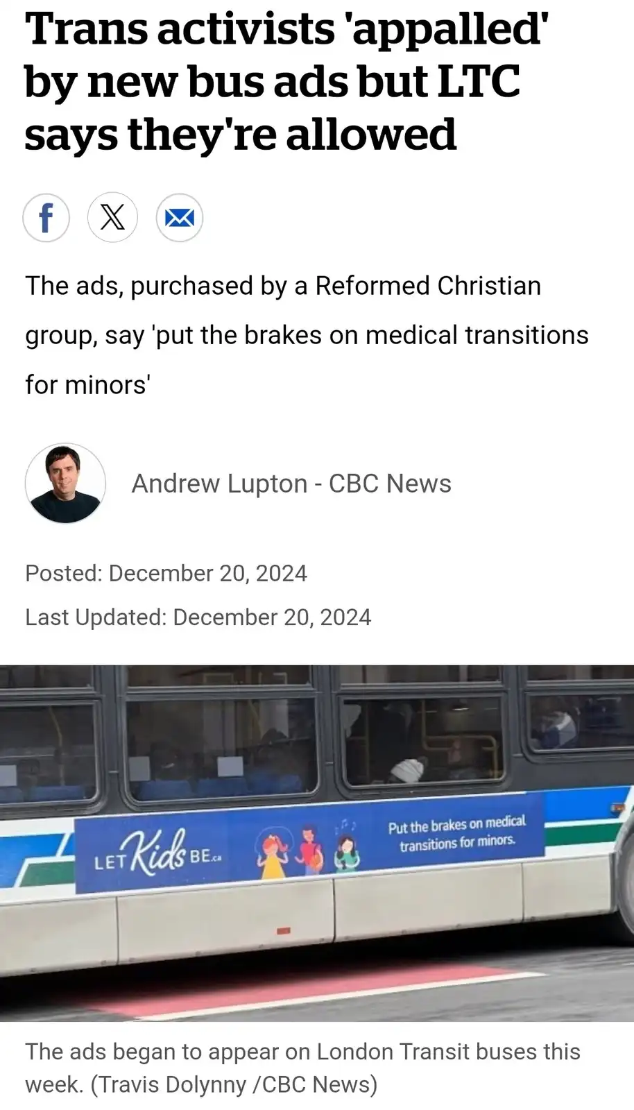 A screenshot of a CBC News article about controversial bus ads in London, Ontario, featuring a blue advertisement on a…