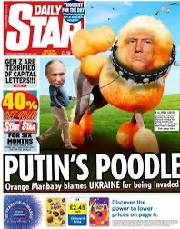 A satirical Daily Star newspaper cover shows a caricature of Donald Trump as an orange poodle wearing a collar, being pulled…