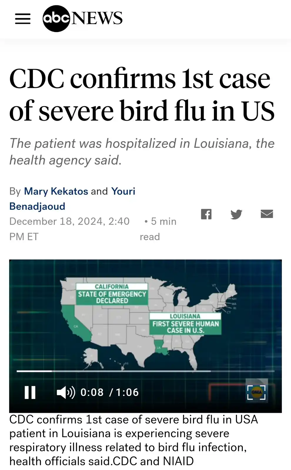 An abcnews.com article screenshot shows a headline about the CDC confirming the first severe bird flu case in the US, with a…