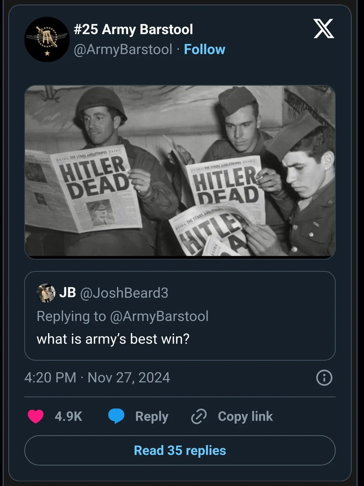A black-and-white photo shows three soldiers in uniform reading newspapers with the headline 'HITLER DEAD' in large letters…
