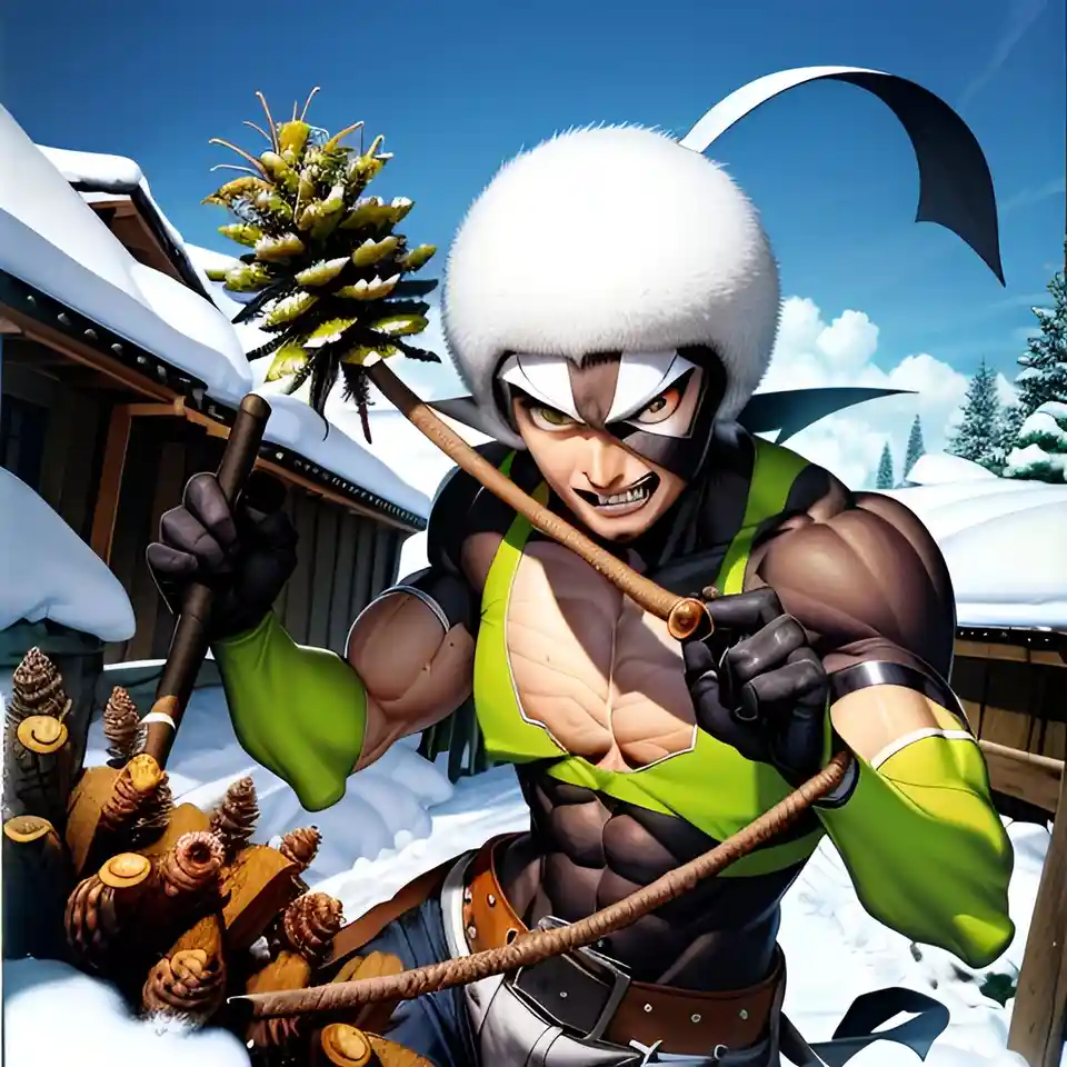 A muscular anime-style character with a white furry hat and green vest stands in a snowy landscape, holding a long stick…