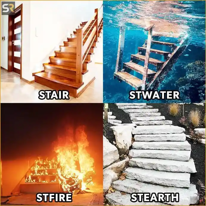 A four-panel image shows a wooden indoor staircase labeled 'STAIR', a submerged wooden staircase labeled 'STWATER', a…