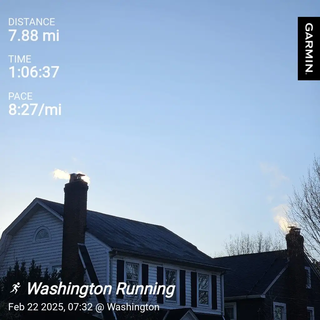 A screenshot of a Garmin running app showing a 7.88-mile run completed in 1 hour 6 minutes 37 seconds with a pace of 8:27…