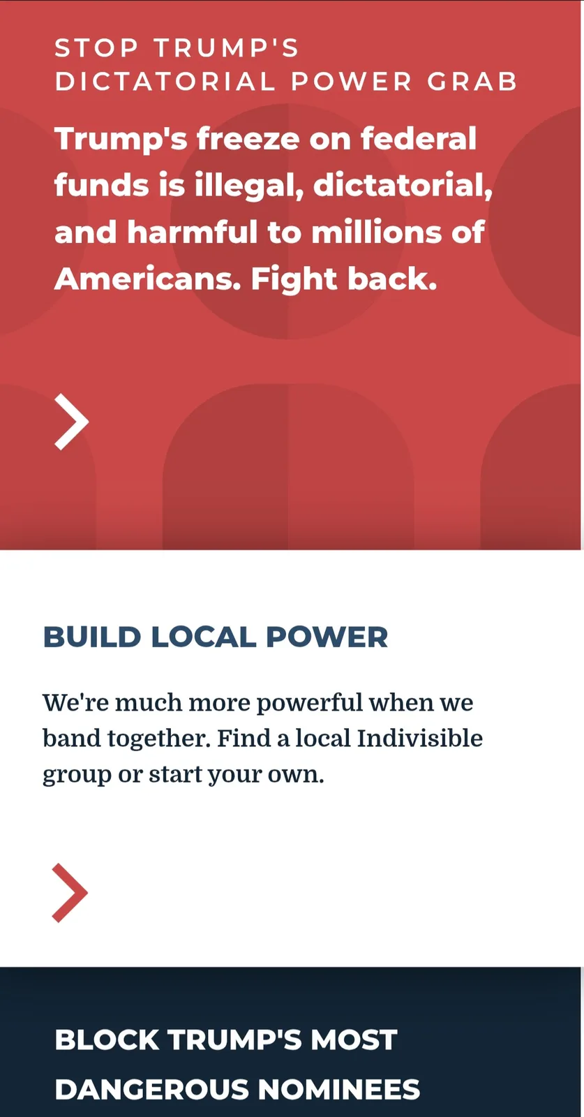 The image displays a political advocacy graphic with three sections. The top red section urges viewers to stop Trump's…