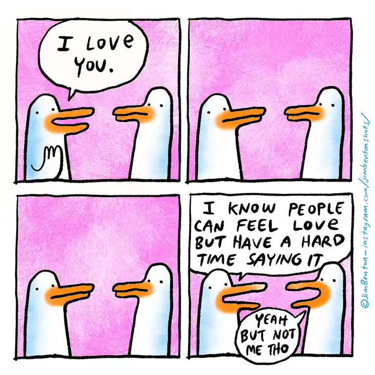 A four-panel comic strip featuring two stylized white ducks with orange beaks against a pink background. In the first panel…