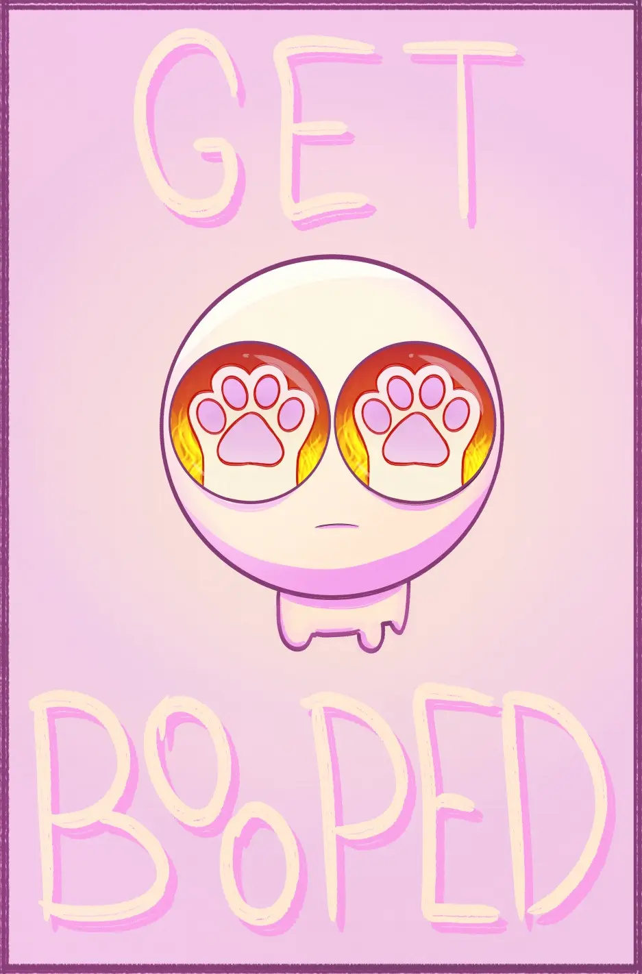 A cartoonish, round, pale pink creature with large, glowing eyes that contain paw prints, set against a light purple…