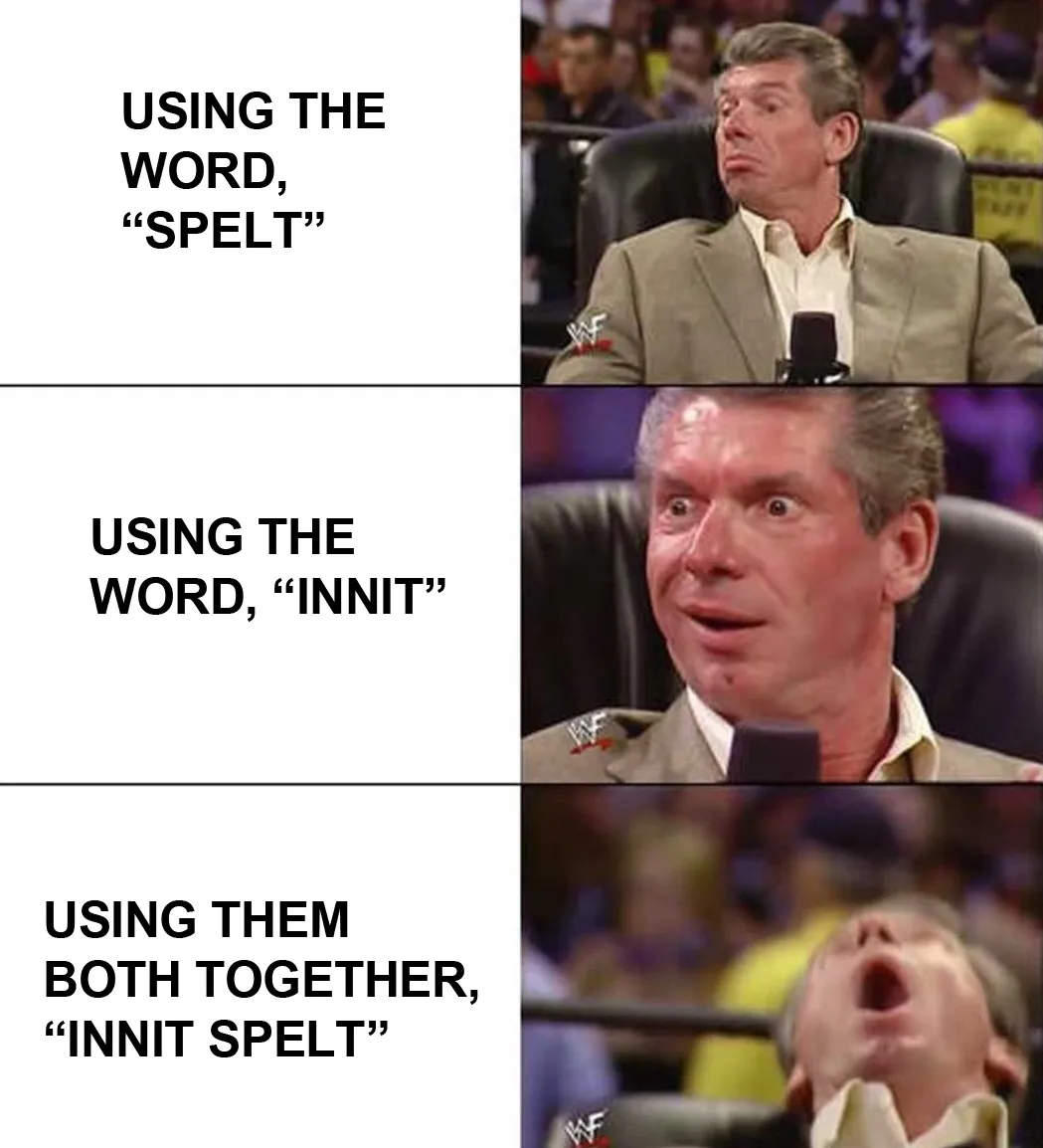 A three-panel meme featuring a man in a suit reacting to language. Top panel shows him with a skeptical expression while…