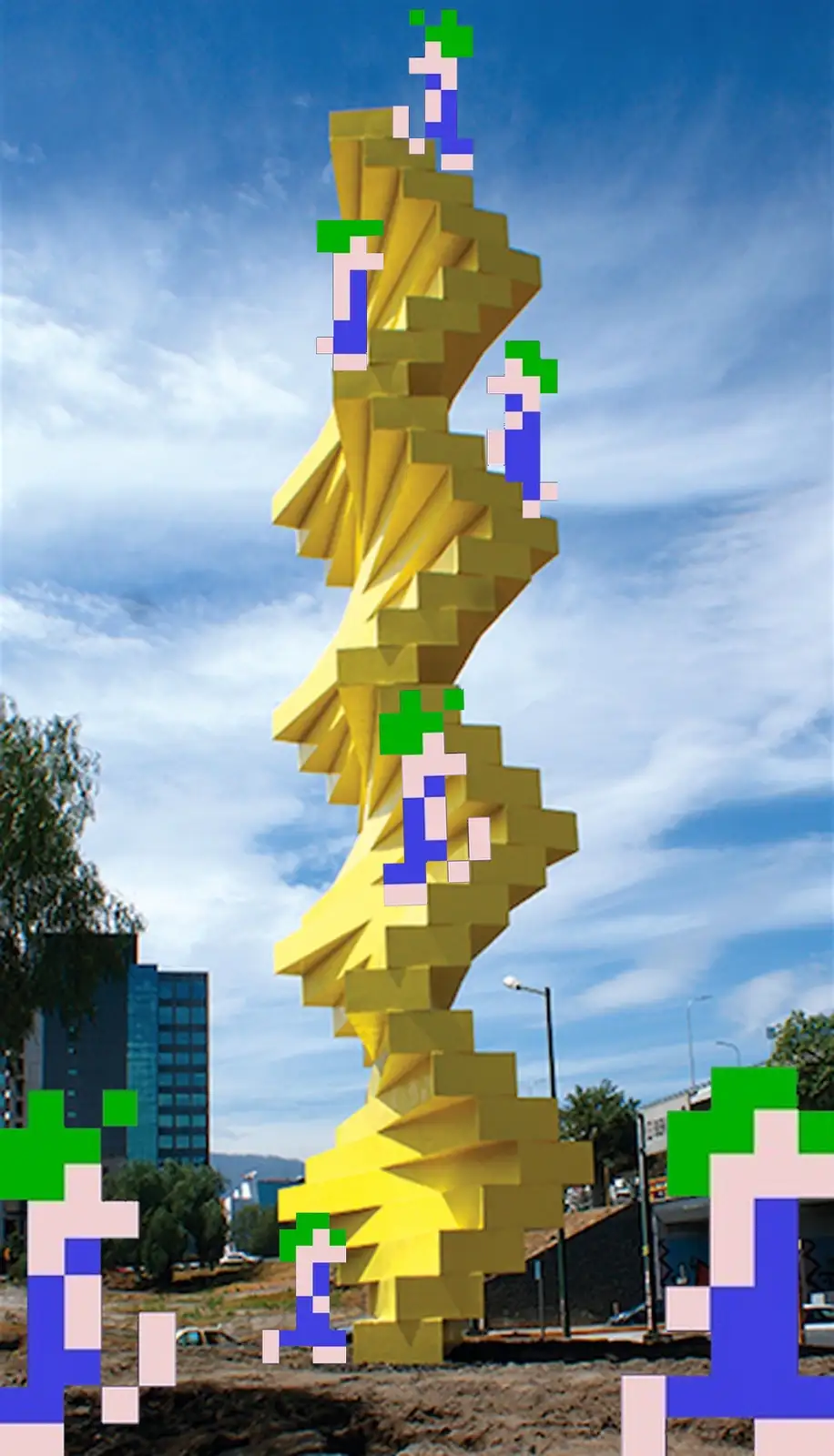 A photograph of a tall, yellow, spiraling modern sculpture in an urban setting under a blue sky with clouds. Superimposed…