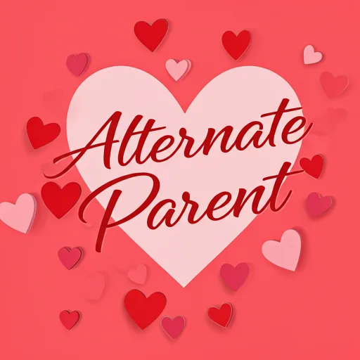A pink heart graphic with the words 'Alternate Parent' in red cursive script, surrounded by scattered red and pink paper…