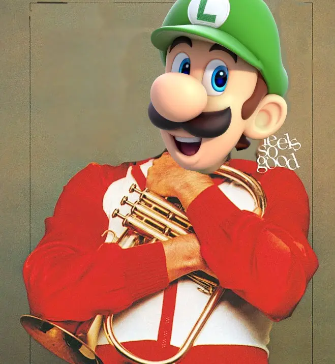 A digitally altered image of the video game character Luigi, wearing a red and white marching band uniform and holding a…
