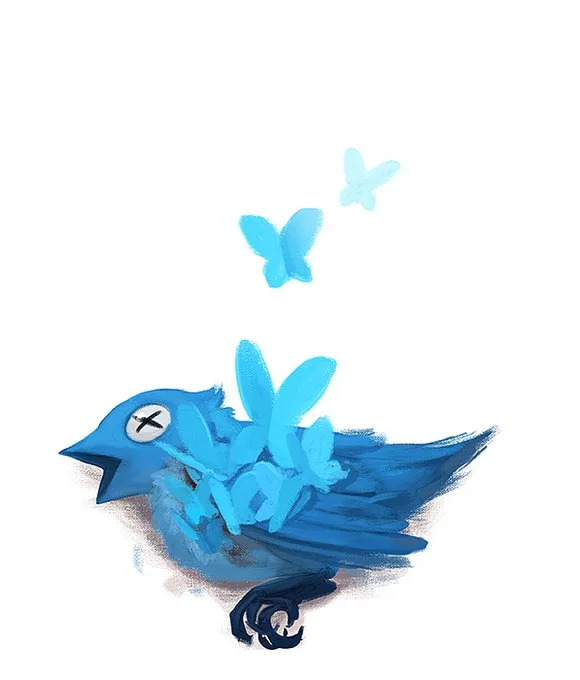 A stylized blue bird with an 'x' over its eye lies on its side, appearing dead, while blue butterflies emerge from its body…