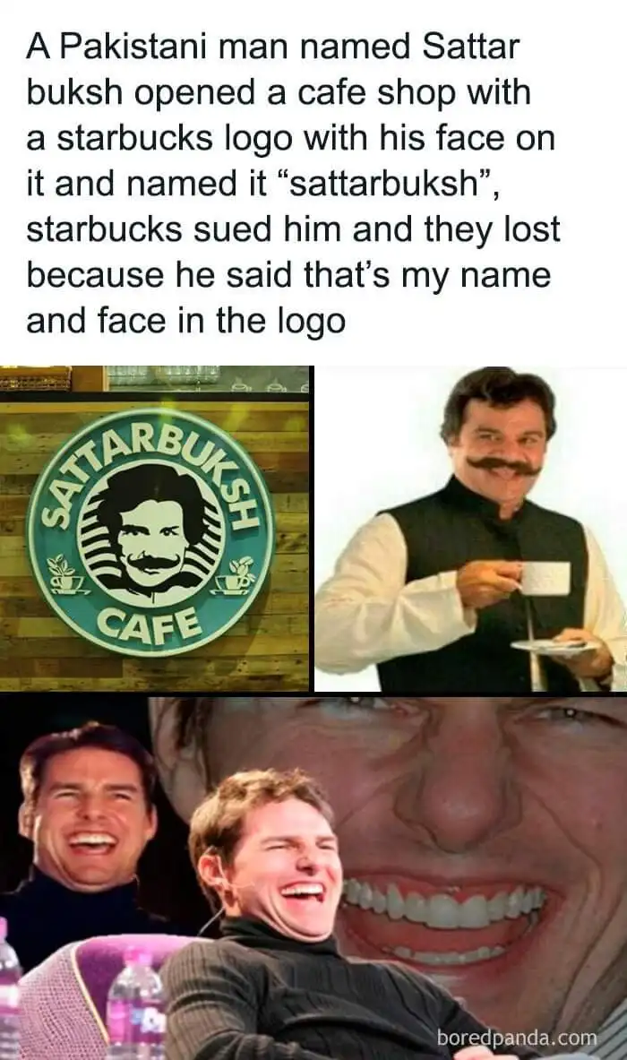 The image is a three-panel meme. The top panel shows a circular green cafe sign with the text 'SATTARBUKSH CAFE' and a…