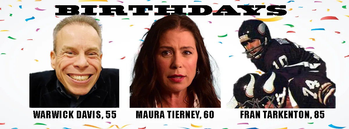A birthday meme template with confetti background and three headshots: Warwick Davis smiling, Maura Tierney looking…