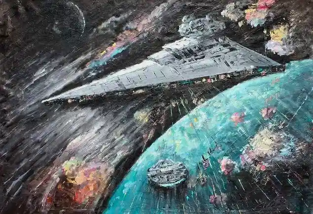 a stylized painting depicts a star destroyer flying over a planet, with the millenium falcon visible below. The scene is…