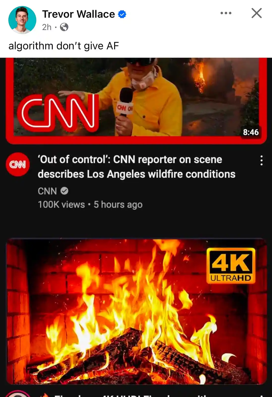 A screenshot of a social media post by Trevor Wallace shows a CNN video thumbnail of a reporter in a yellow jacket covering…