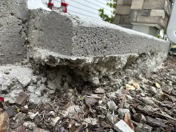 A close-up photo shows a weathered, crumbling concrete foundation or retaining wall with chunks missing and debris scattered…