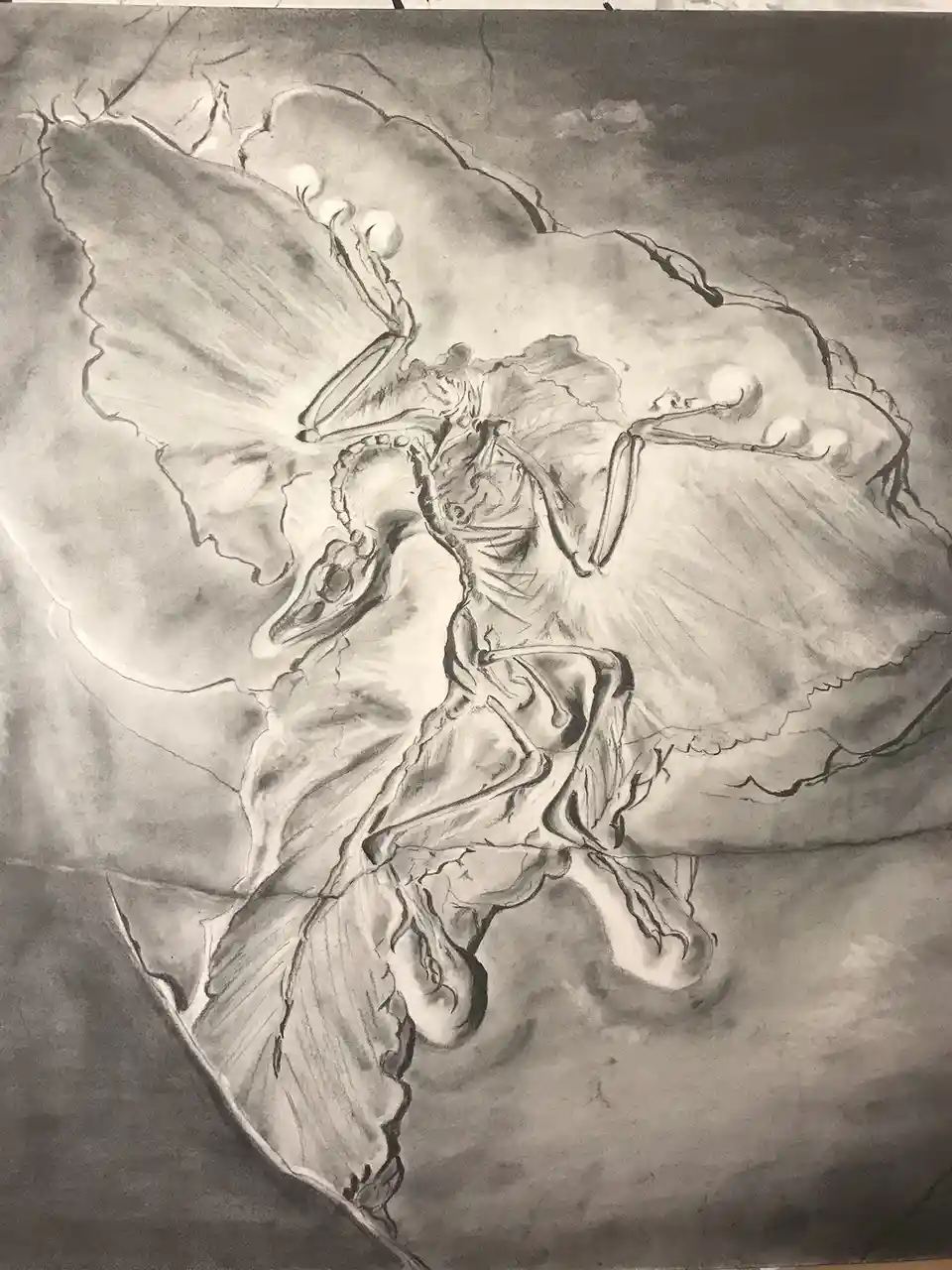 A grayscale pencil sketch depicts a surreal, abstract figure with elongated limbs and flowing, cloud-like forms, resembling…
