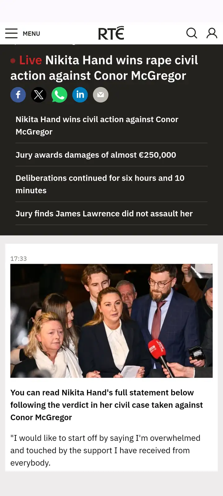 A screenshot of an RTE news article shows Nikita Hand, surrounded by people, speaking to reporters after winning a civil…