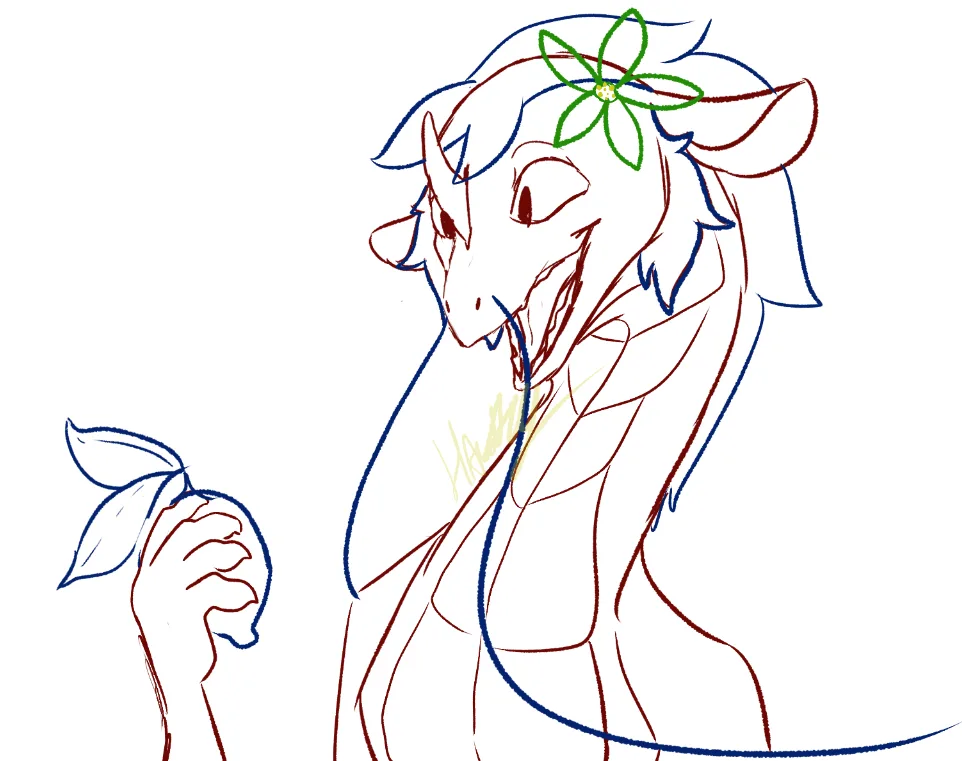 A hand-drawn sketch of an anthropomorphic pony with a green flower in its hair, holding a small leafy plant, and looking…