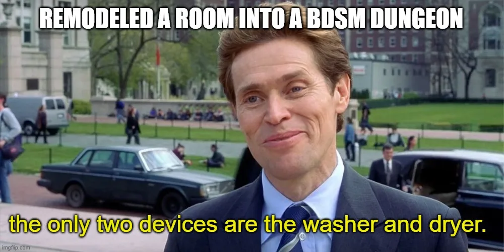 A man in a suit smiles smugly outdoors, with text overlaid that reads 'REMODELED A ROOM INTO A BDSM DUNGEON' at the top and…
