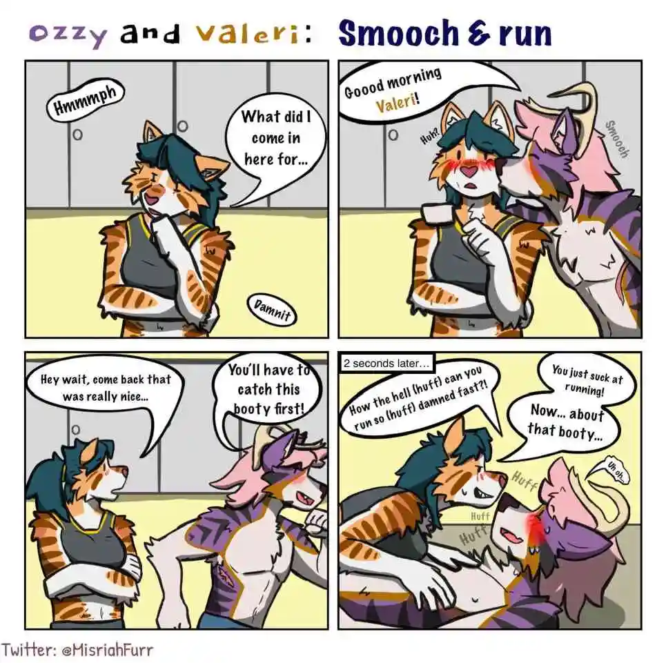 A four-panel comic strip titled 'Ozzy and Valeri: Smooch & run' featuring two anthropomorphic cats. In the first panel, Ozzy…