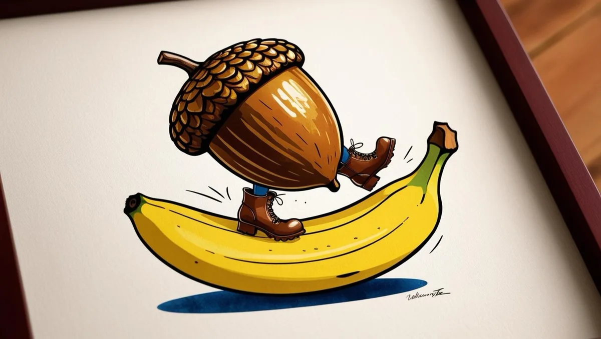A cartoon acorn with a brown, textured cap and a smooth, shiny body is depicted wearing brown lace-up boots and riding a…