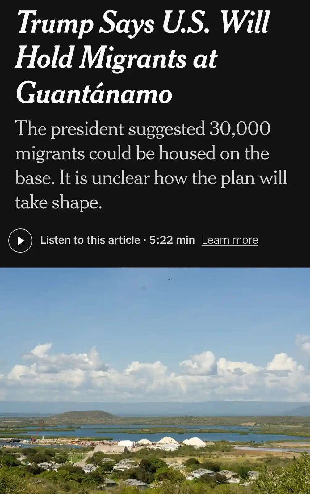 The image displays a news article headline stating 'Trump Says U.S. Will Hold Migrants at Guantánamo' with a subtext…