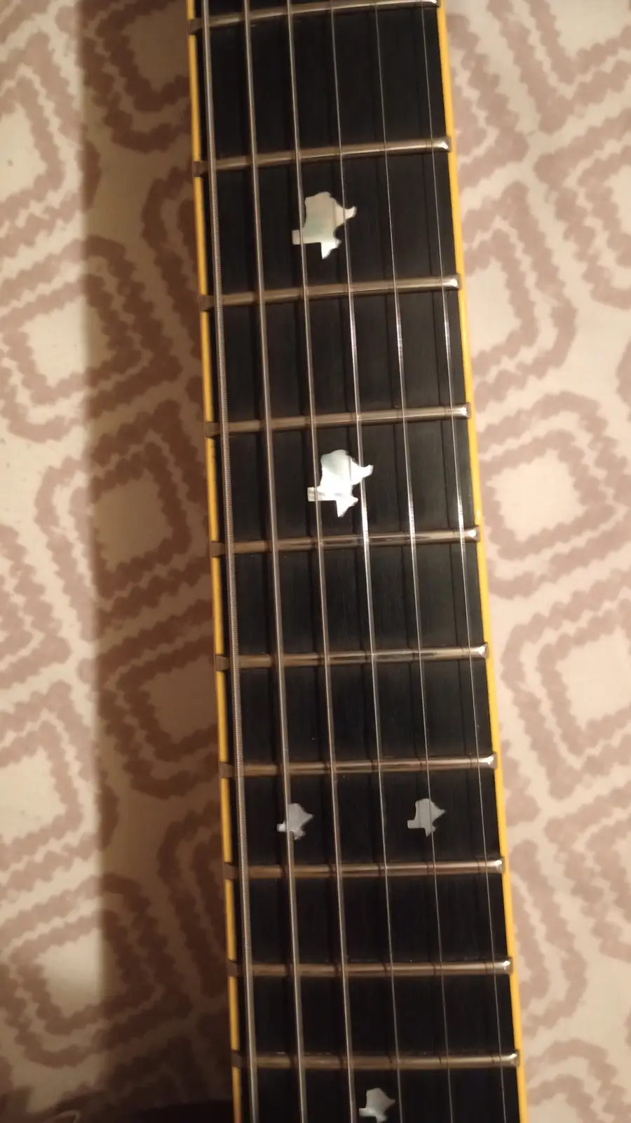 A close-up photo of a guitar fretboard with several white inlays shaped like the state of Texas, placed on the frets. The…
