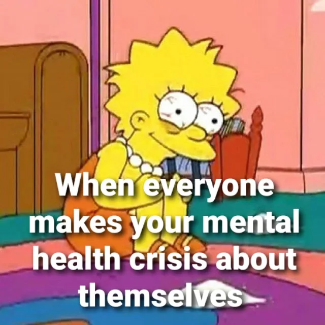 Lisa Simpson from The Simpsons sits on a bed with a weary, slightly annoyed expression, her eyes half-lidded and her mouth…