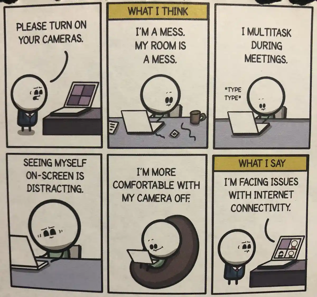 A six-panel comic strip featuring a simple stick-figure character in a video call scenario. The panels show the character's…