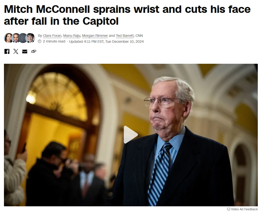 A screenshot of a CNN news article headline about Mitch McConnell falling in the Capitol, showing a photo of him with a…