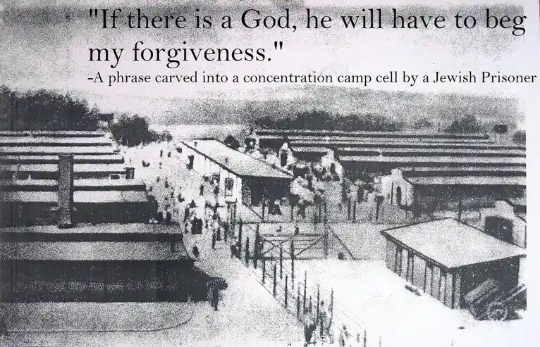 A grainy black-and-white photo shows a concentration camp with barracks, fences, and prisoners. Overlaid text quotes a…