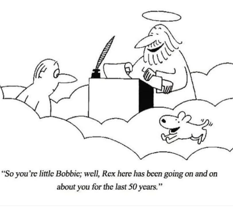 A black-and-white cartoon depicts a bearded, haloed figure resembling God sitting at a desk with a quill pen, addressing a…
