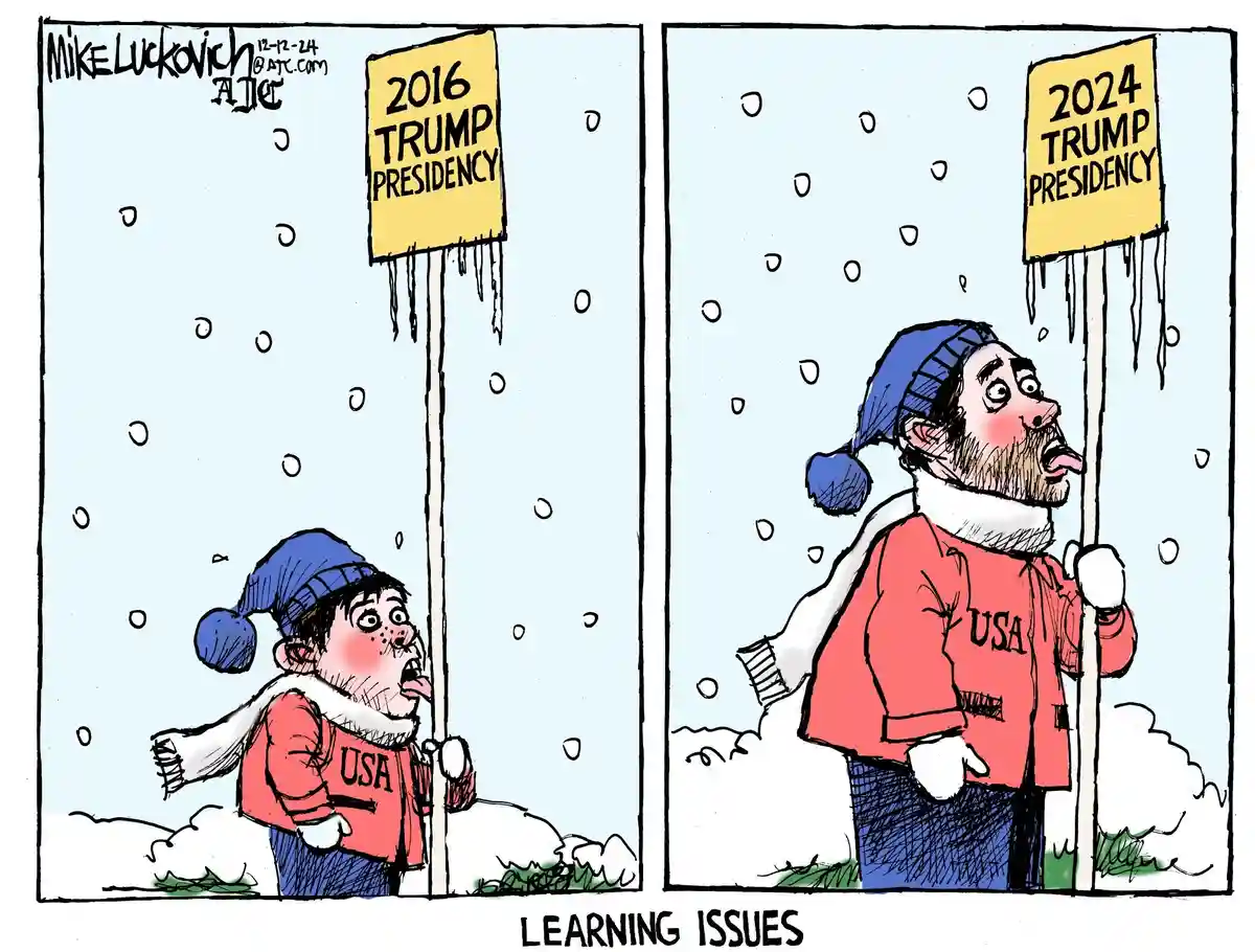 A two-panel cartoon shows a man in winter clothes standing beside a sign labeled '2016 TRUMP PRESIDENCY' in the first panel…