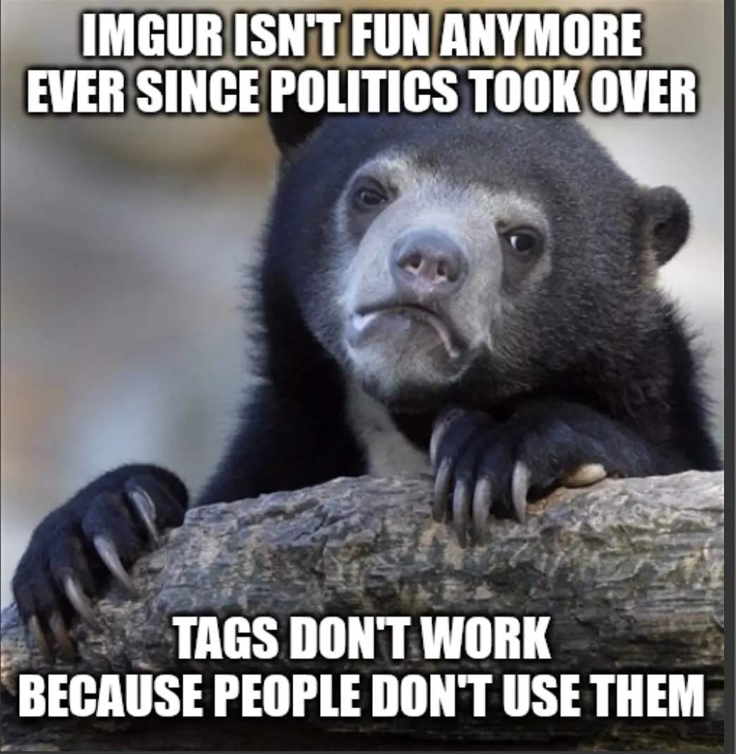 A sad-looking spectacled bear rests its paws on a log, looking dejected. The overlaid text reads 'IMGUR ISN'T FUN ANYMORE…