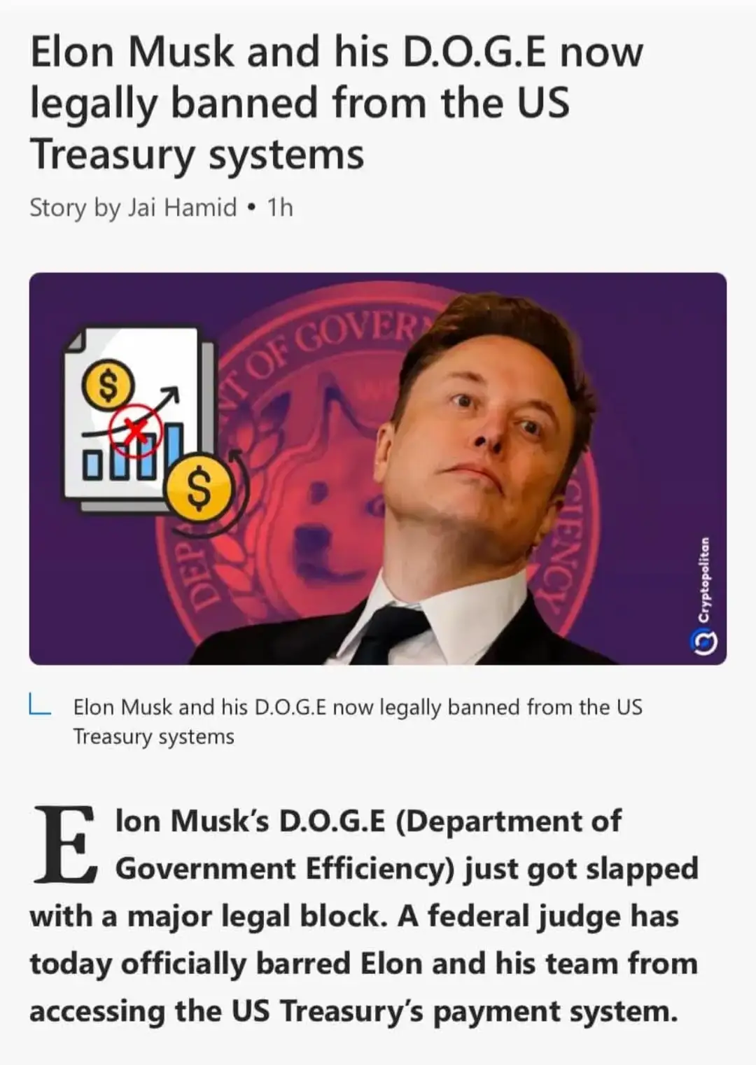 An image mimicking a news article shows Elon Musk looking upward with a skeptical expression, set against a blurred US…